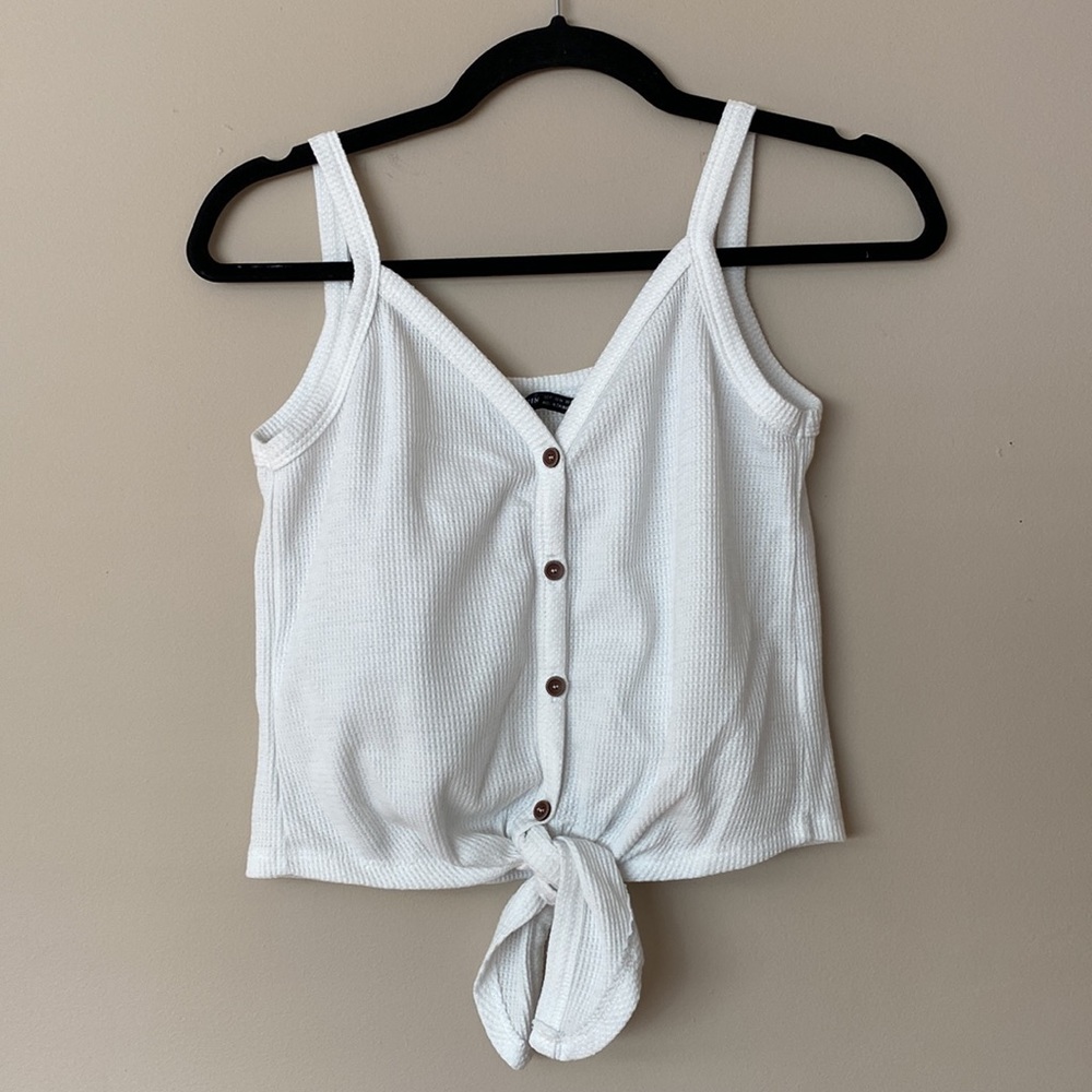 [XS] SHEIN Waffle Knit Button Front Knotted Cami Top | White